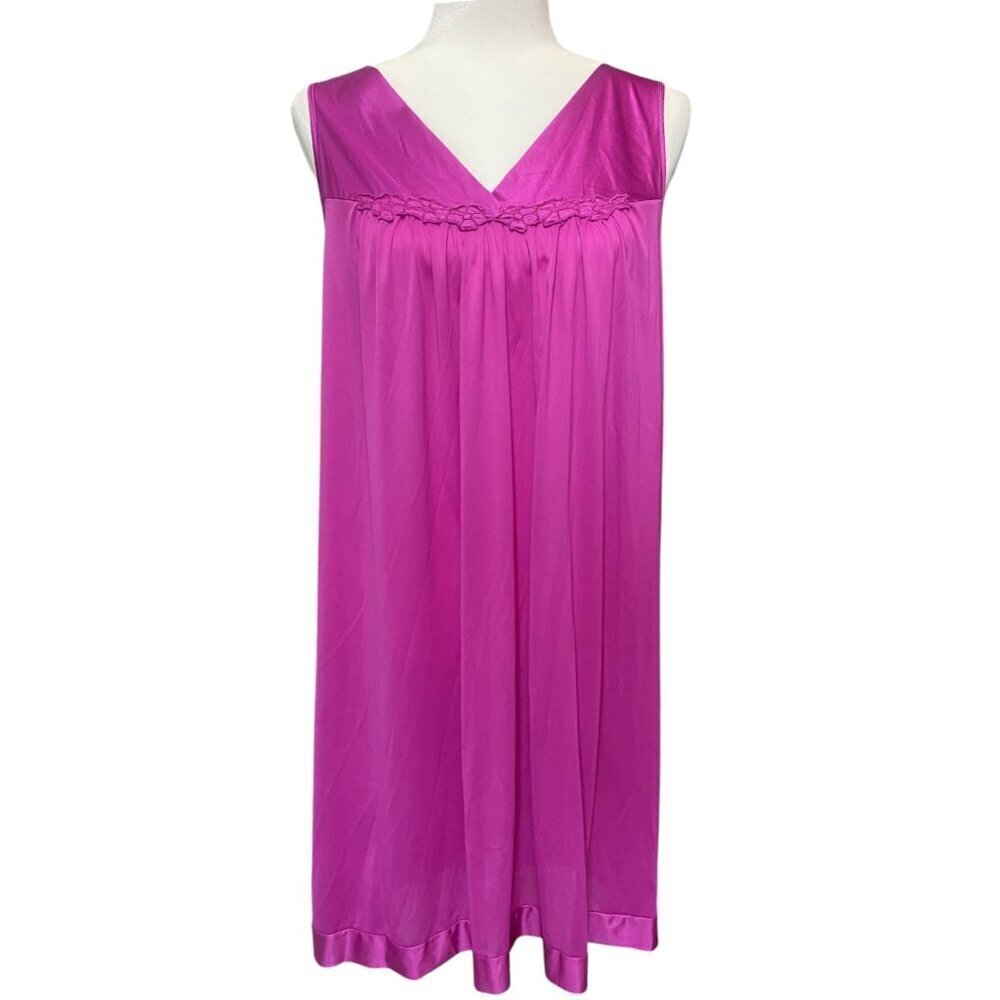 Vintage Coquette Vanity Fair Silky Nightgown Dress Floral Hot Pink Purple Medium